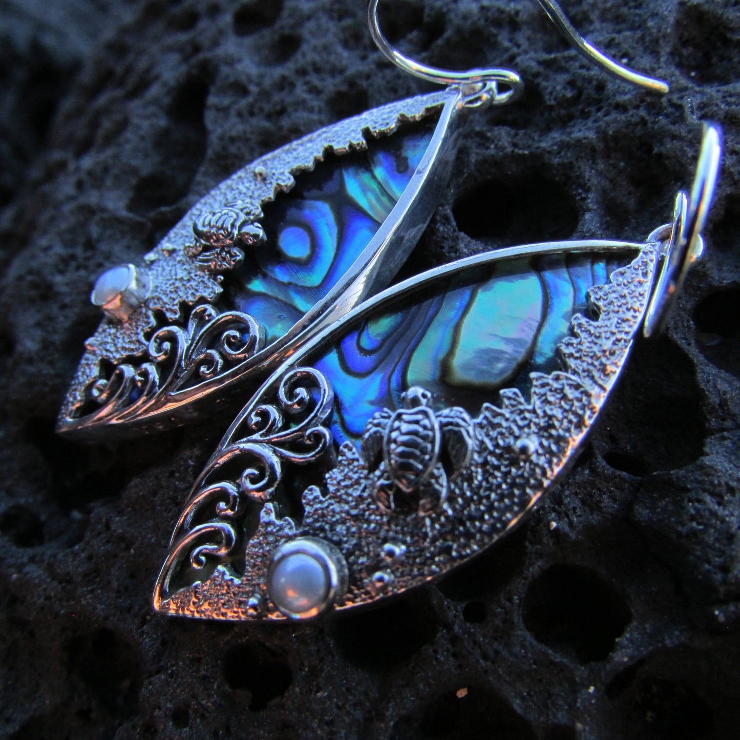 Sea Turtle Wave Earrings | Paua Abalone Shell | Sterling Silver | Ocean | Beach | Gift | Jewelry | Handmade | Unique