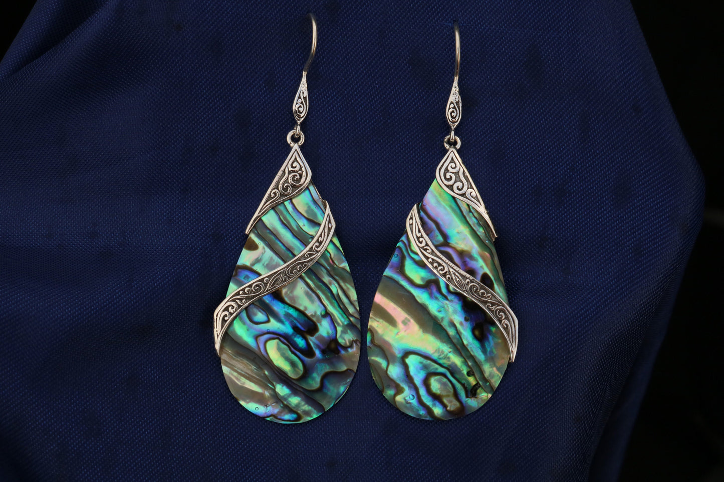 Abalone Shell Teardrop Earrings Double Tribal Design. Sterling Silver.