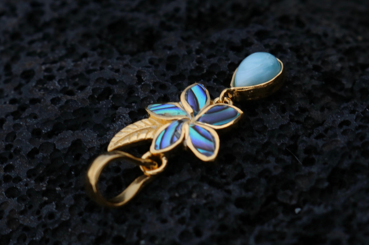 18K Gold Vermeil Charm Plumeria Flower Larimar Teardrop Pendant Necklace.