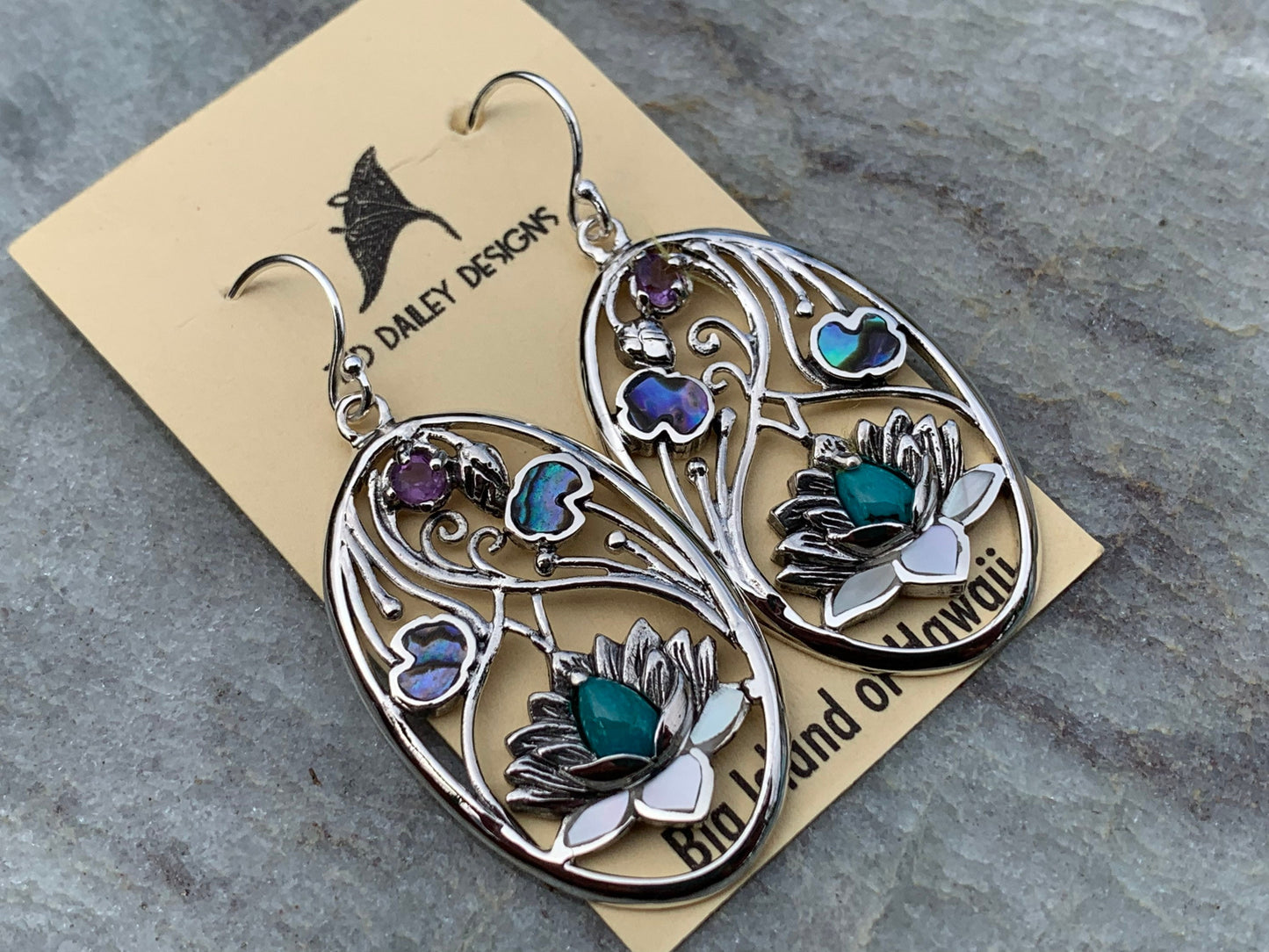 Turquoise Amethyst Lotus Earrings. Sterling Silver. Abalone Shell, Mother of Pearl.
