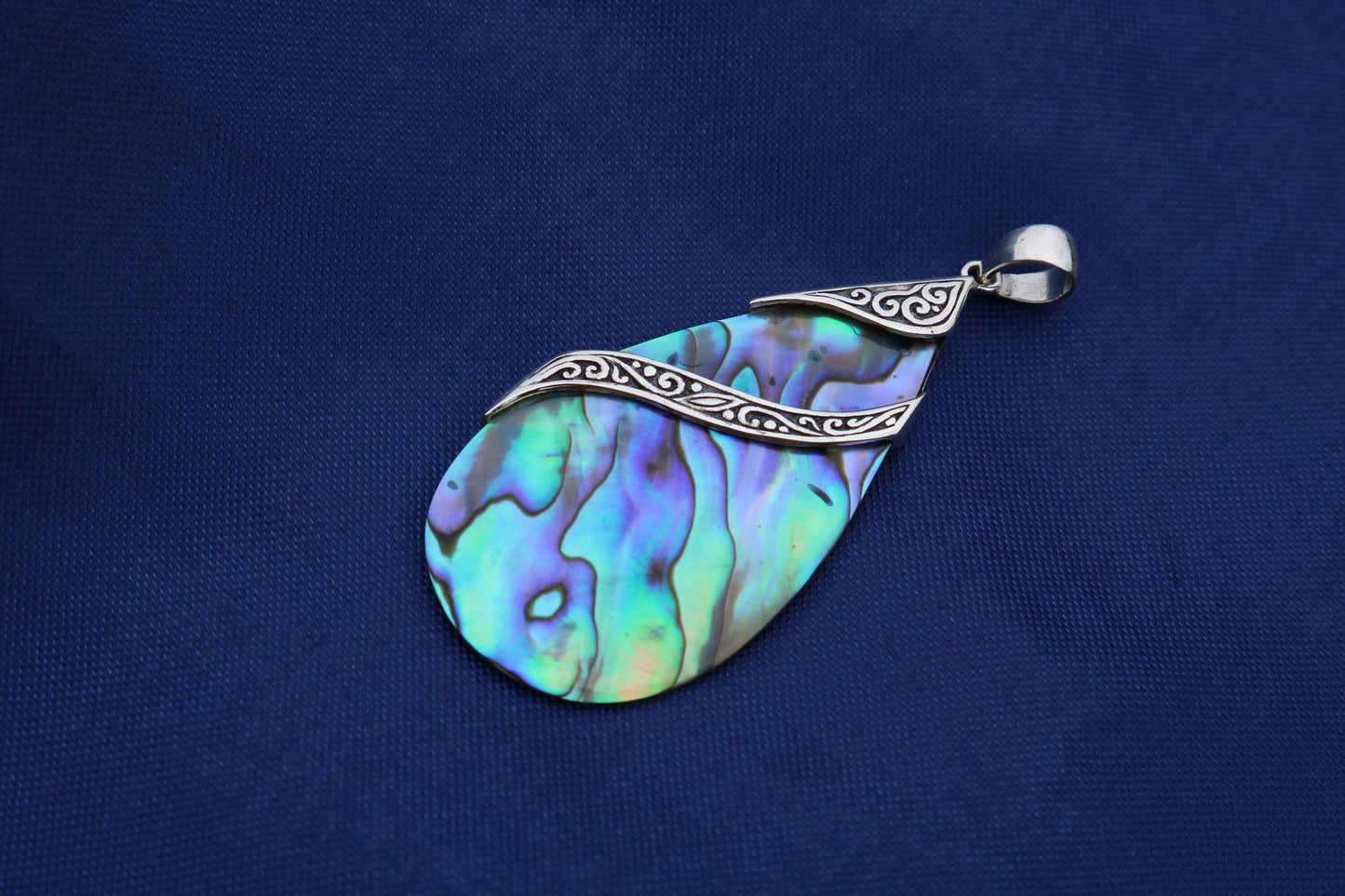 Abalone Paua Shell Teardrop Pendant Necklace Double Tribal Design. Sterling Silver.
