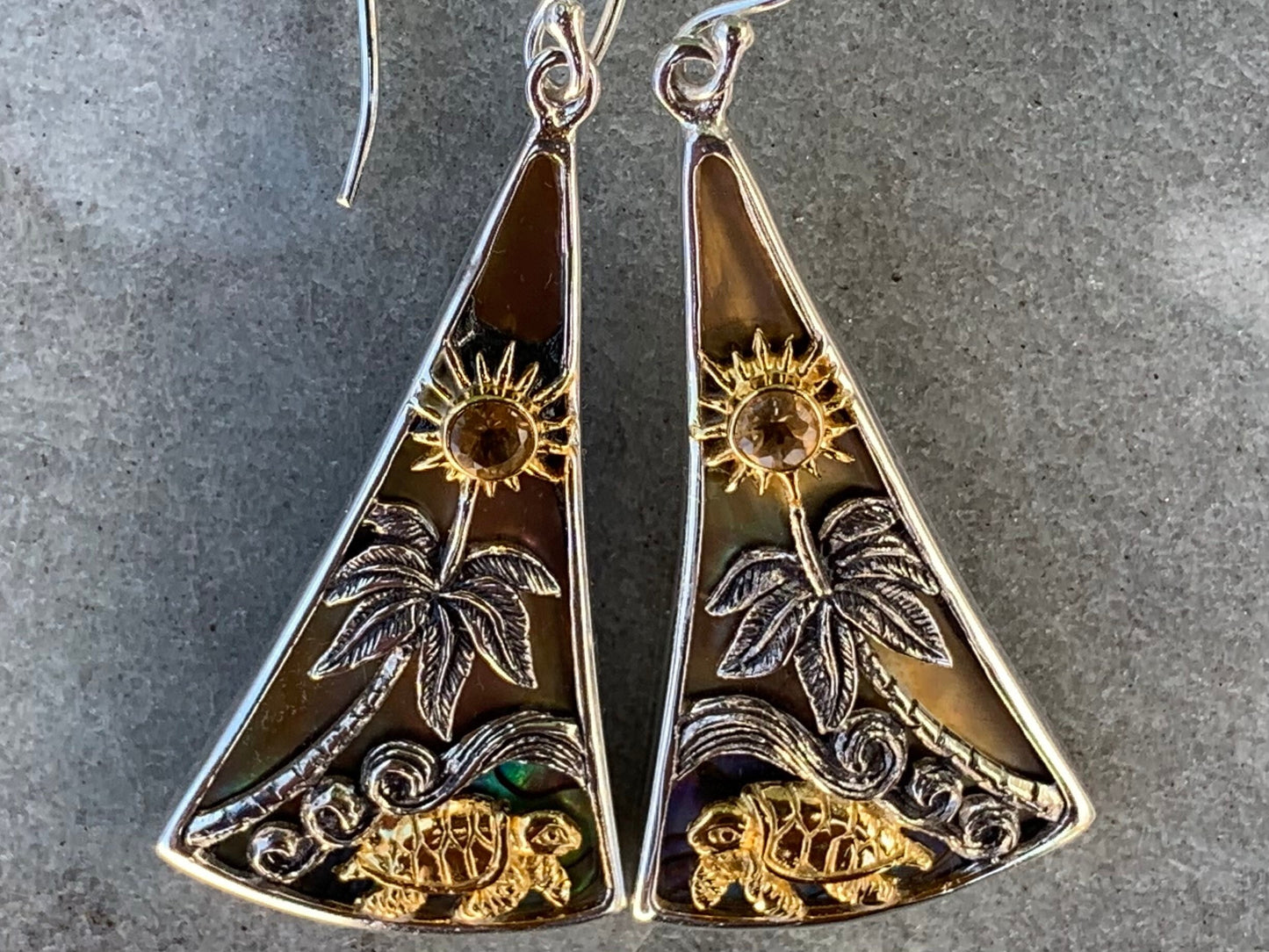 Turtle Sun Wave Palm Tree Citrine Abalone Shell Gold Silver Earrings