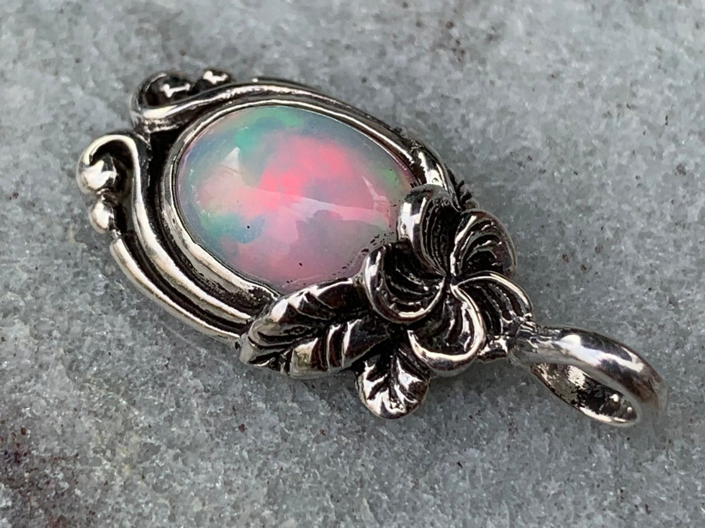 Opal Plumeria Flower Necklace Pendant. Sterling Silver.