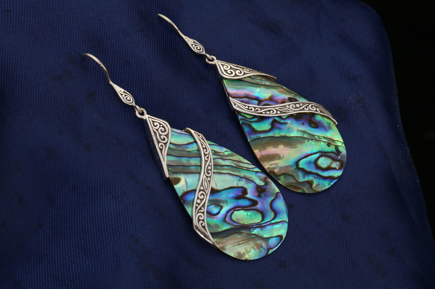 Abalone Shell Teardrop Earrings Double Tribal Design. Sterling Silver.