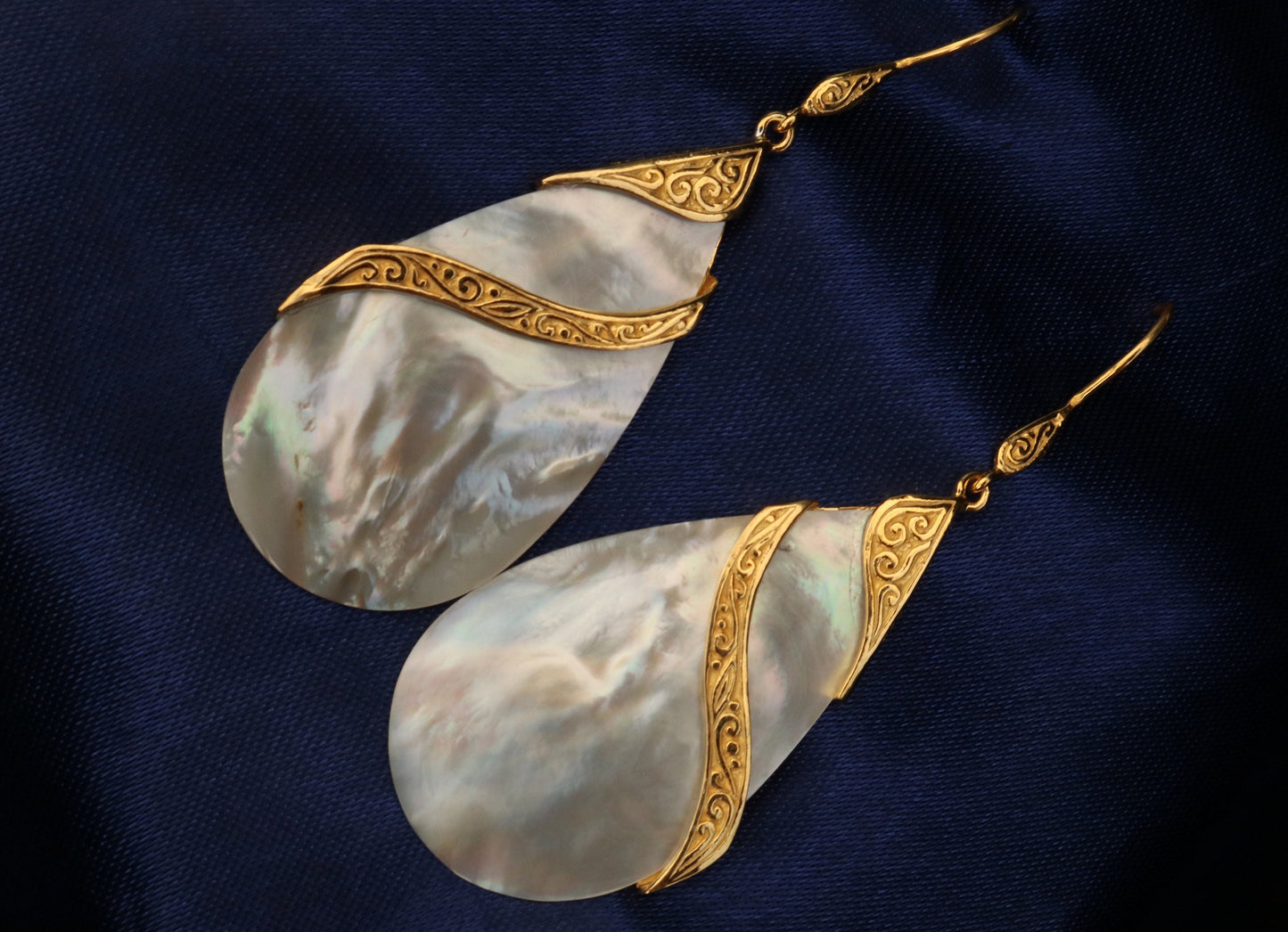 18K Gold Vermeil Mother of Pearl Teardrop Earrings Double Tribal Design. Sterling Silver.