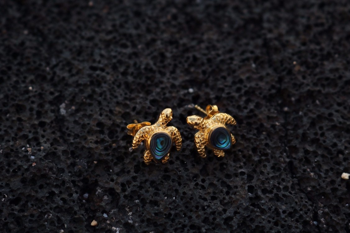 18K Vermeil Turtle Earrings Studs. Abalone Shell.