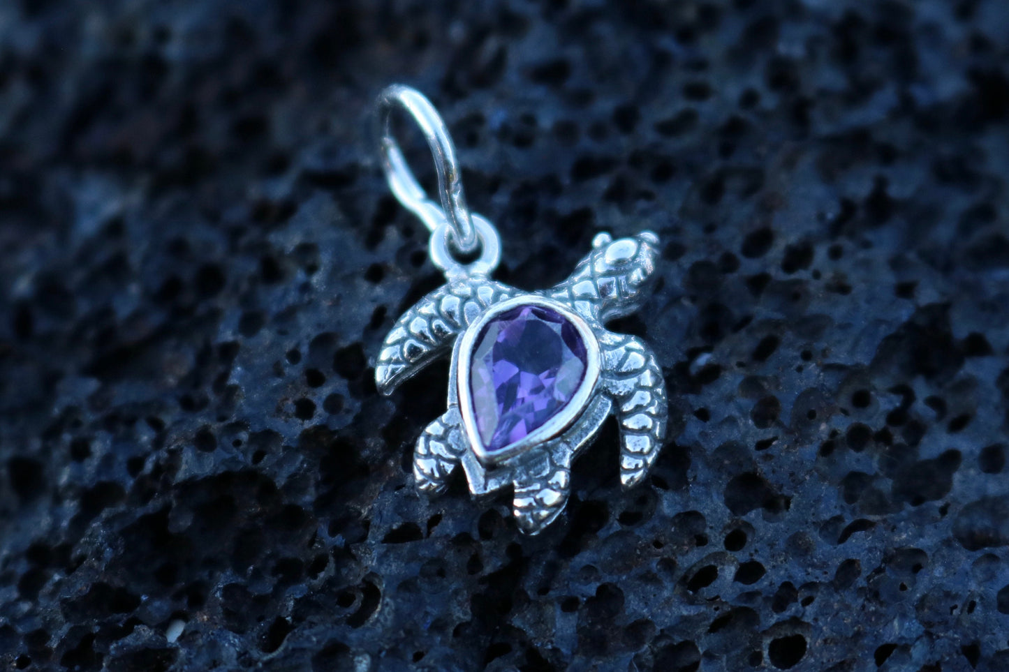 Turtle Charm Amethyst Necklace Pendant. Sterling Silver.