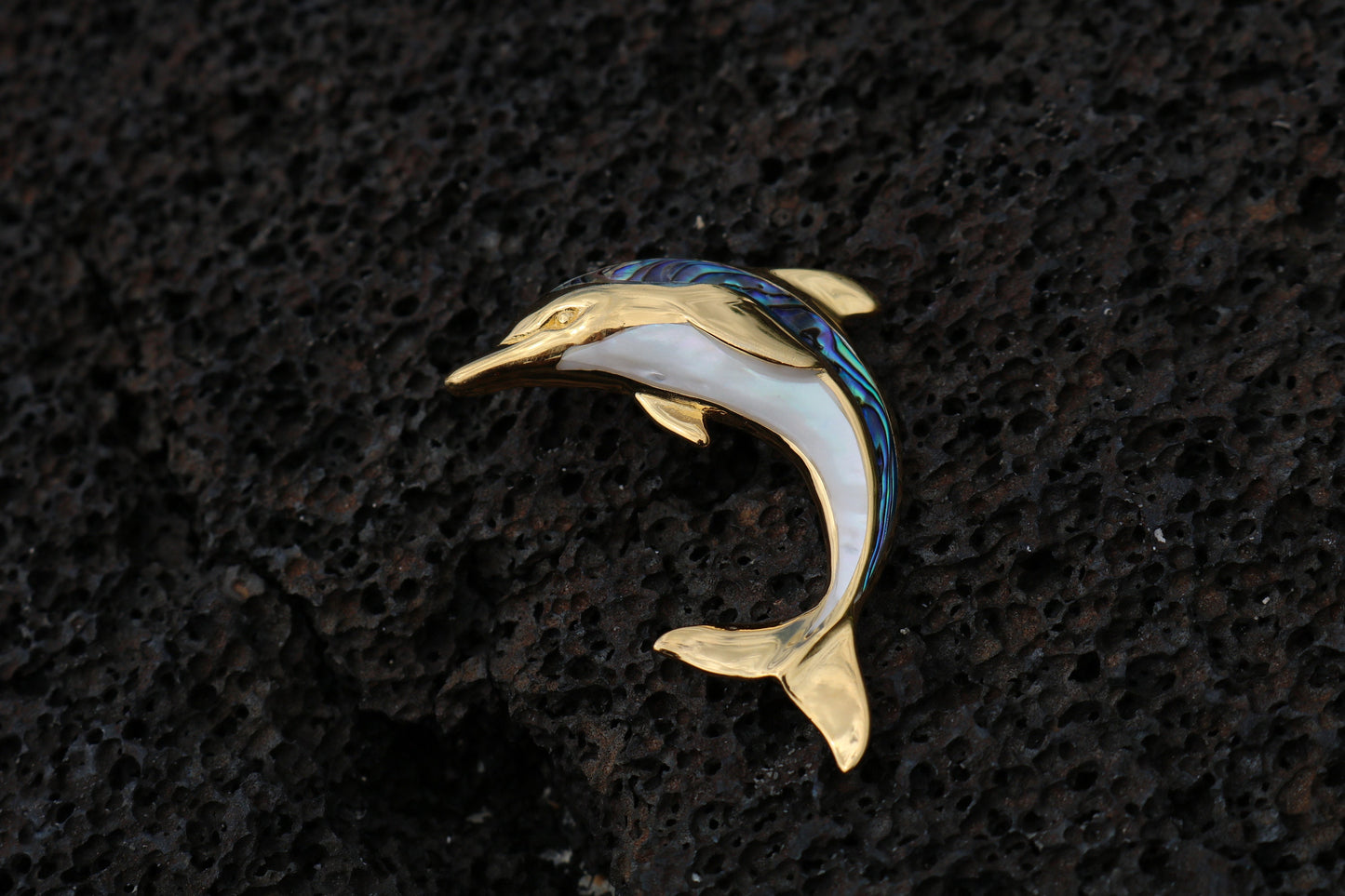 18K Gold Vermeil Aumakua Dolphin Necklace Pendant. Abalone Paua Shell, Mother of Pearl, Sterling Silver, 18K Gold.