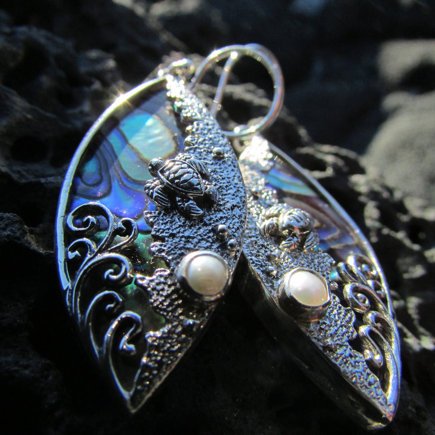 Sea Turtle Wave Earrings | Paua Abalone Shell | Sterling Silver | Ocean | Beach | Gift | Jewelry | Handmade | Unique