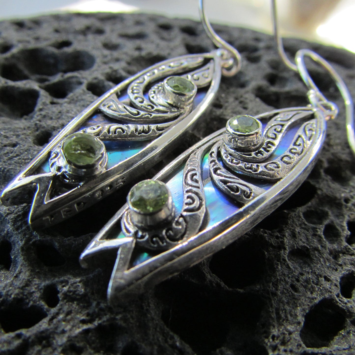 Surfboard Earrings with Polynesian Tattoo Design. Peridot. Abalone Paua Shell. Sterling Silver.