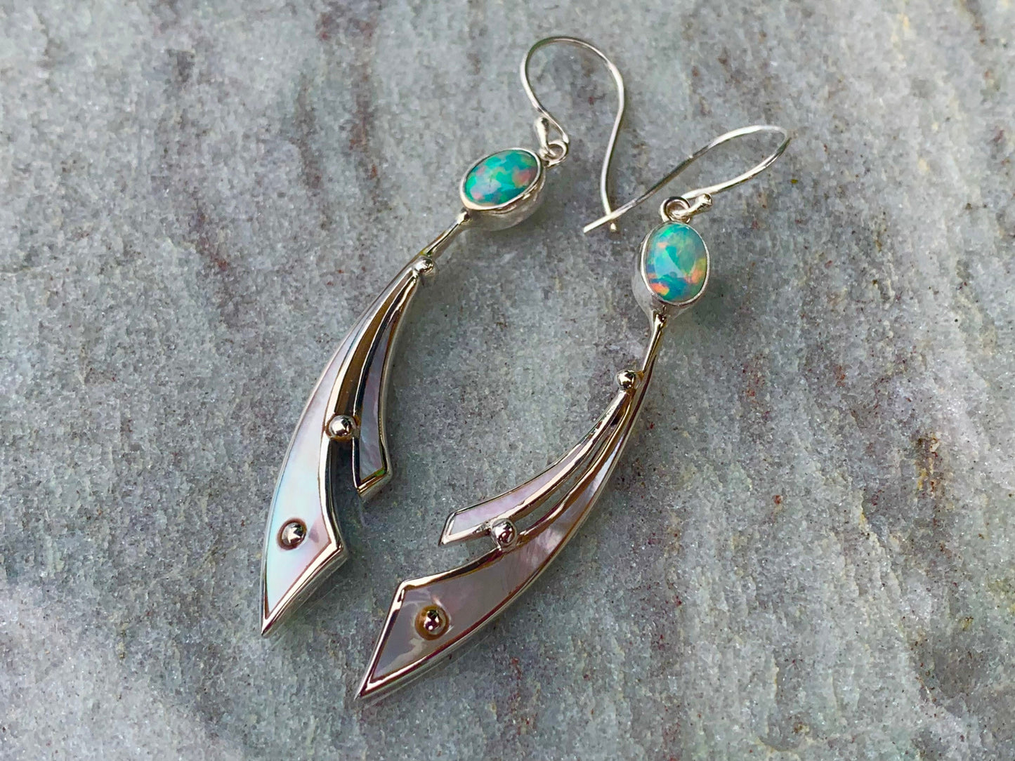 Opal Ocean Wave Earrings. Mother of Pearl, Sterling Silver.