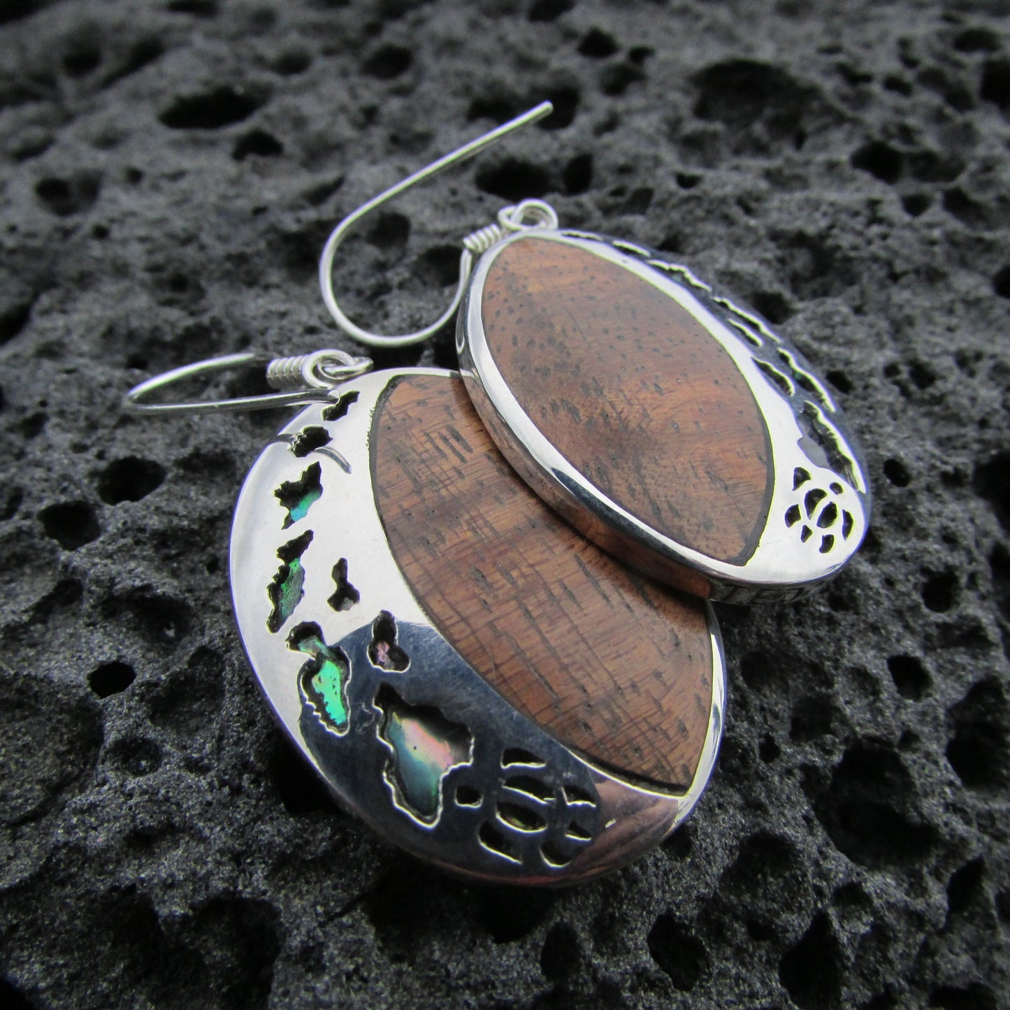 Hawaii Island Chain Earrings | Koa Wood | Sterling Silver | Abalone Paua Shell | Ocean | Beach | Gift | Jewelry | Handmade | Unique