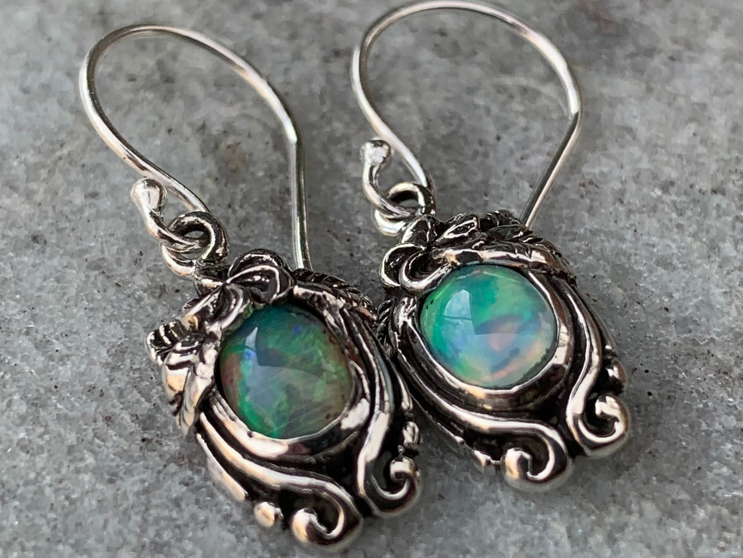 Opal Plumeria Flower Earrings. Sterling Silver.