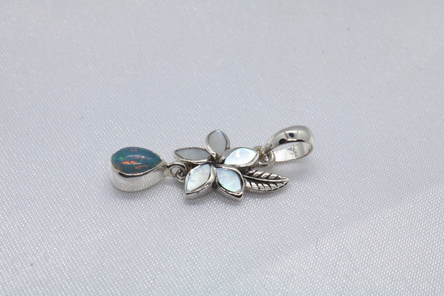 Opal Plumeria Flower Silver Mother of Pearl Necklace Pendant