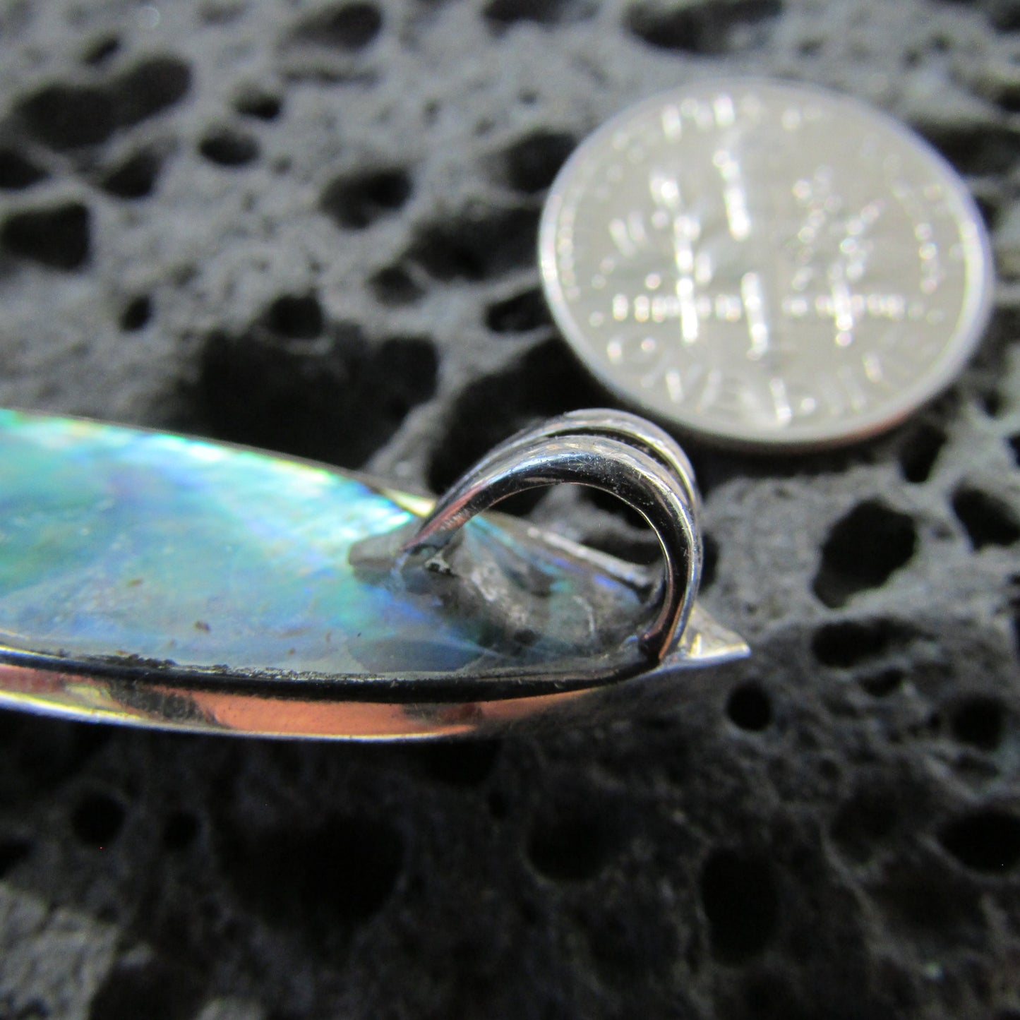 Surfboard Polynesian Tattoo Design. Peridot, Paua Abalone Shell, Sterling Silver.