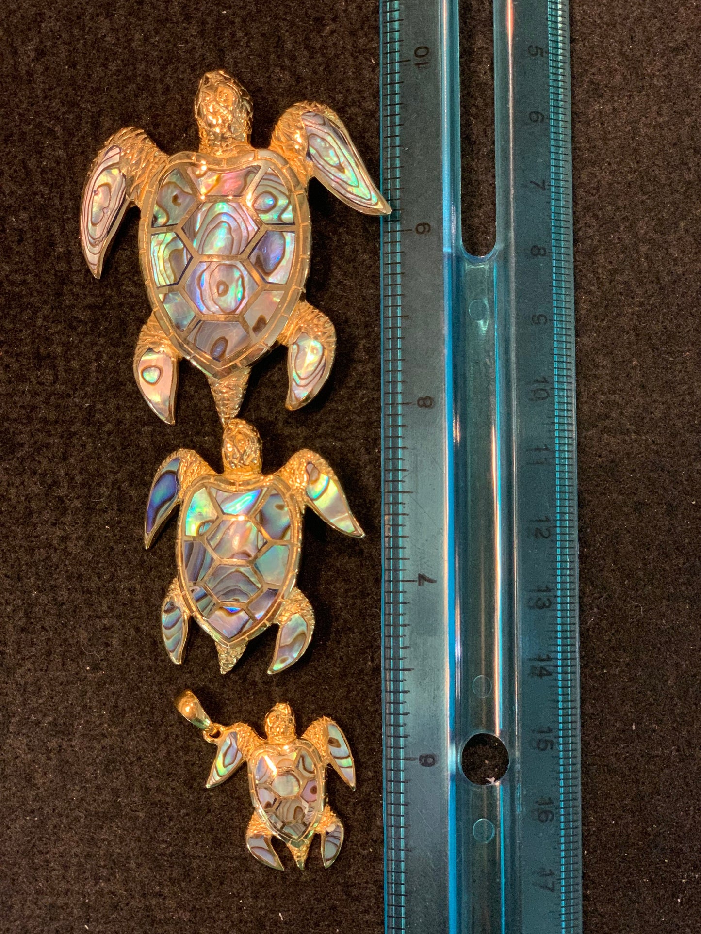 18K Gold Vermeil Green Sea Turtle Necklace Pendant . Hawaiian Honu Aumakua. Abalone Paua Shell.