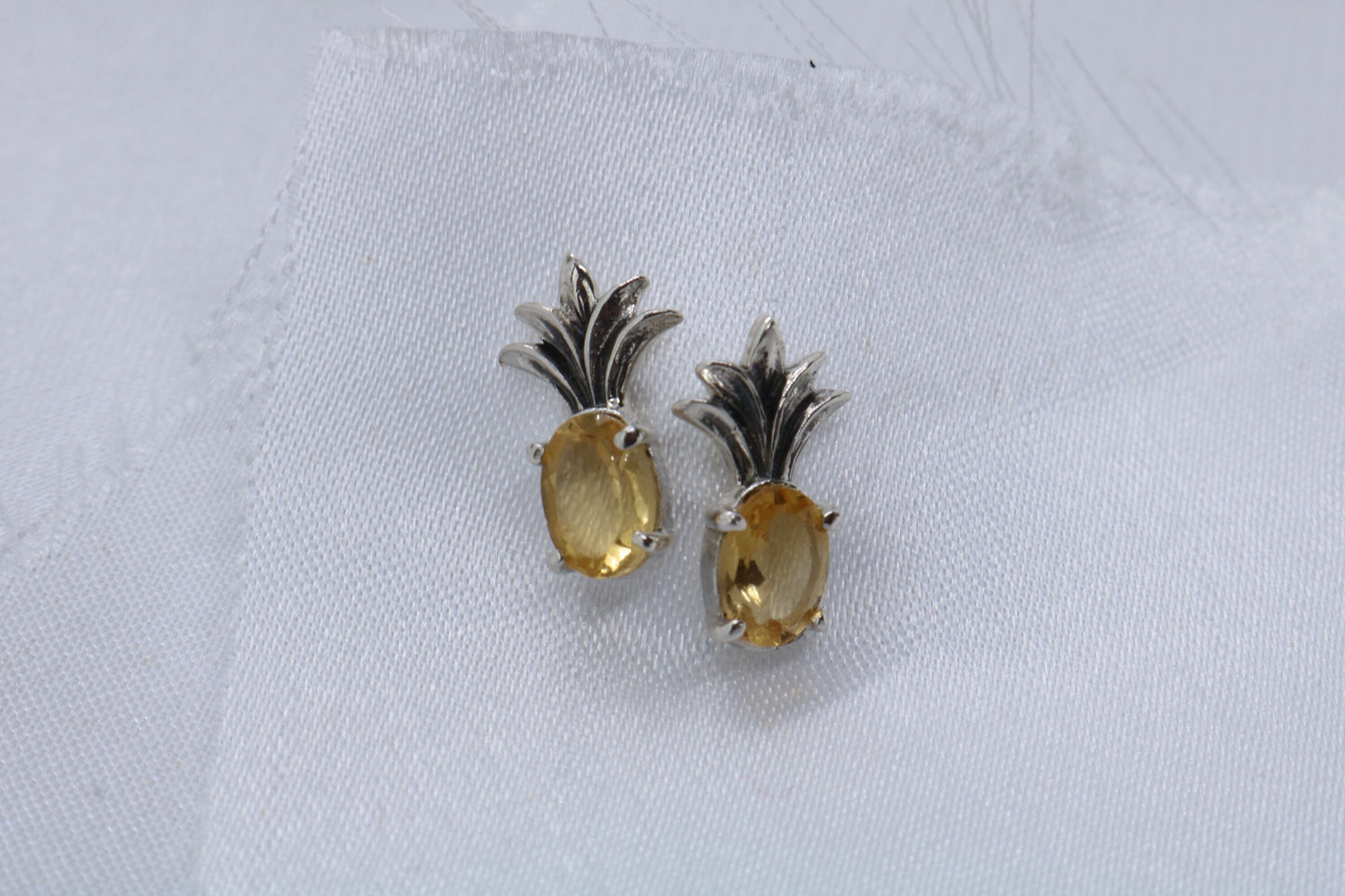 Pineapple citrine stud earrings. Sterling silver.