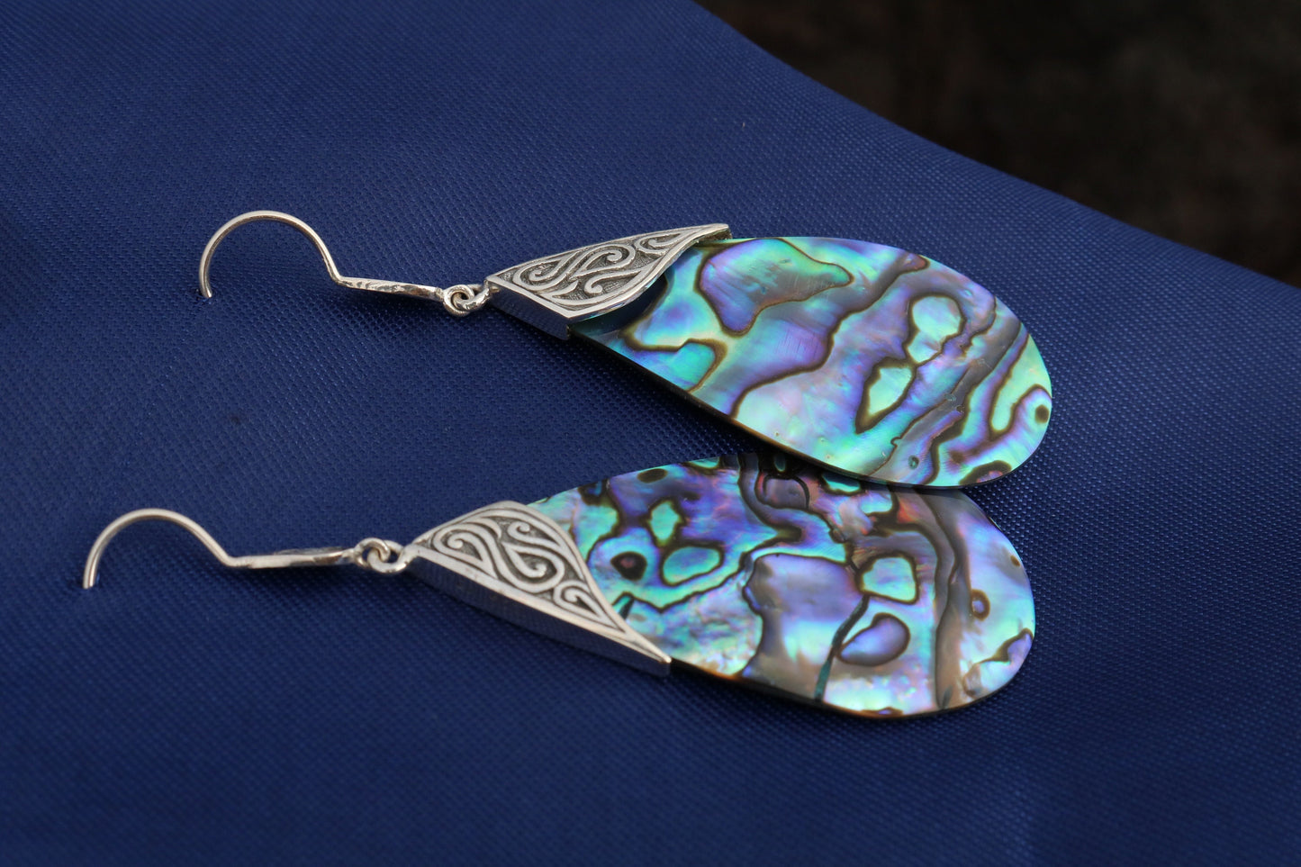 Abalone Shell Teardrop Earrings Tribal Design. Sterling Silver.