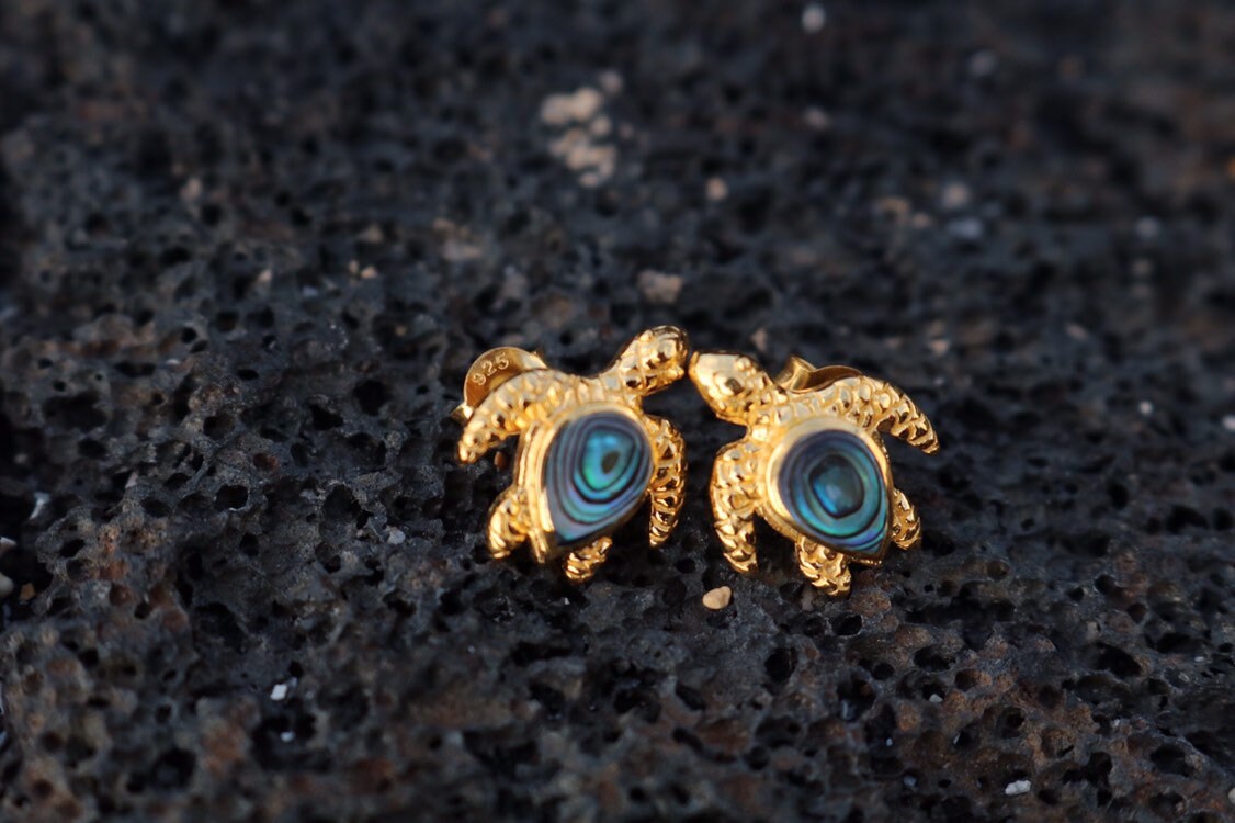 18K Vermeil Turtle Earrings Studs. Abalone Shell.