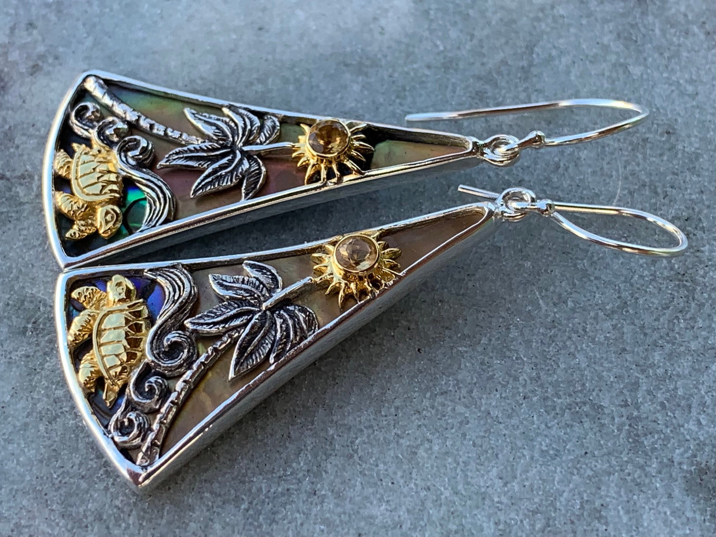 Turtle Sun Wave Palm Tree Citrine Abalone Shell Gold Silver Earrings