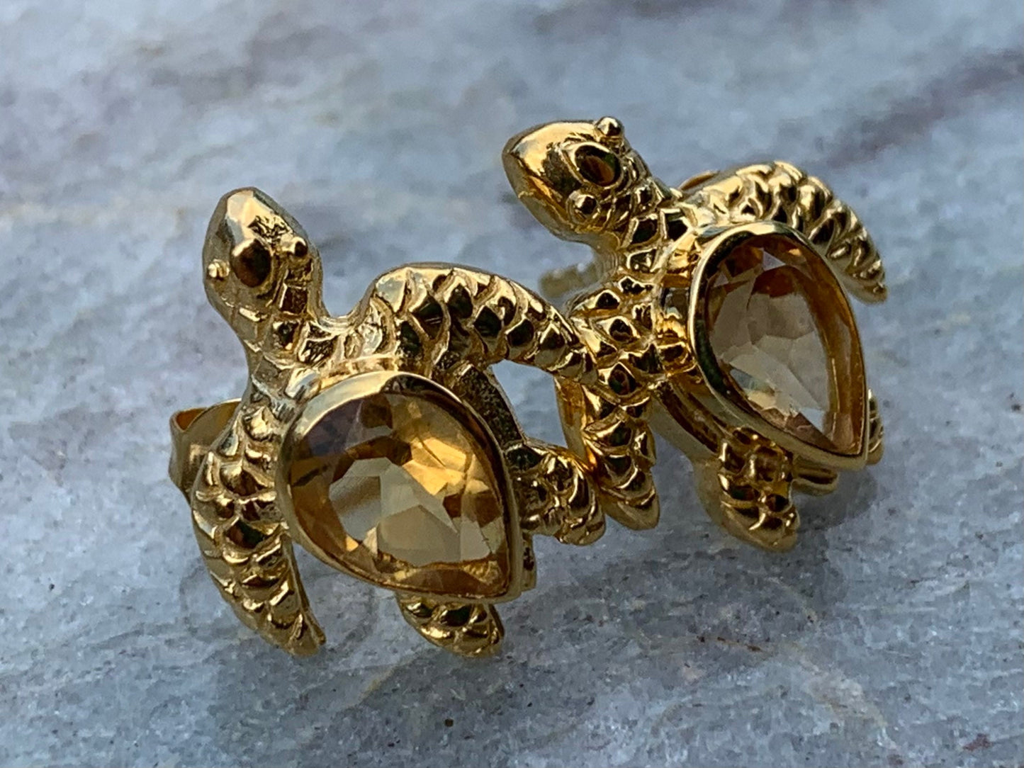 Turtle charm citrine gold vermeil stud earrings