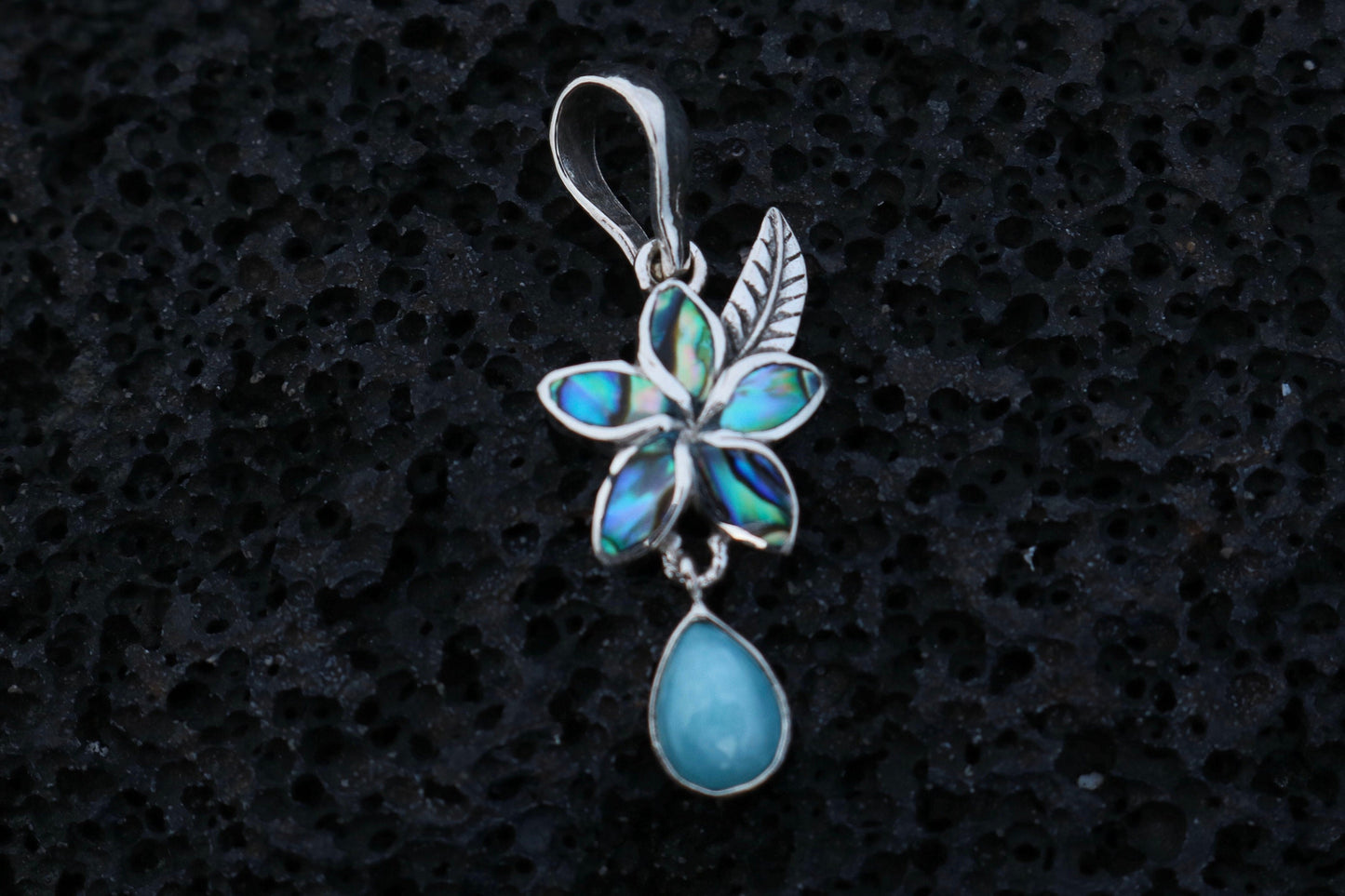 Plumeria Flower Larimar Teardrop Charm Pendant Necklace. Sterling Silver, Abalone Shell.