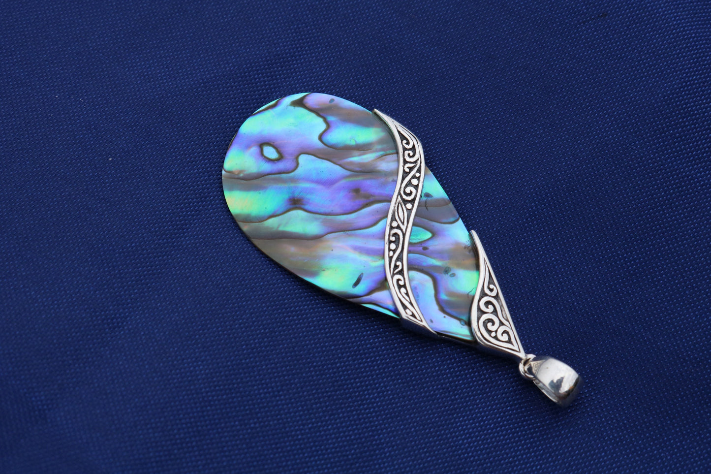 Abalone Paua Shell Teardrop Pendant Necklace Double Tribal Design. Sterling Silver.