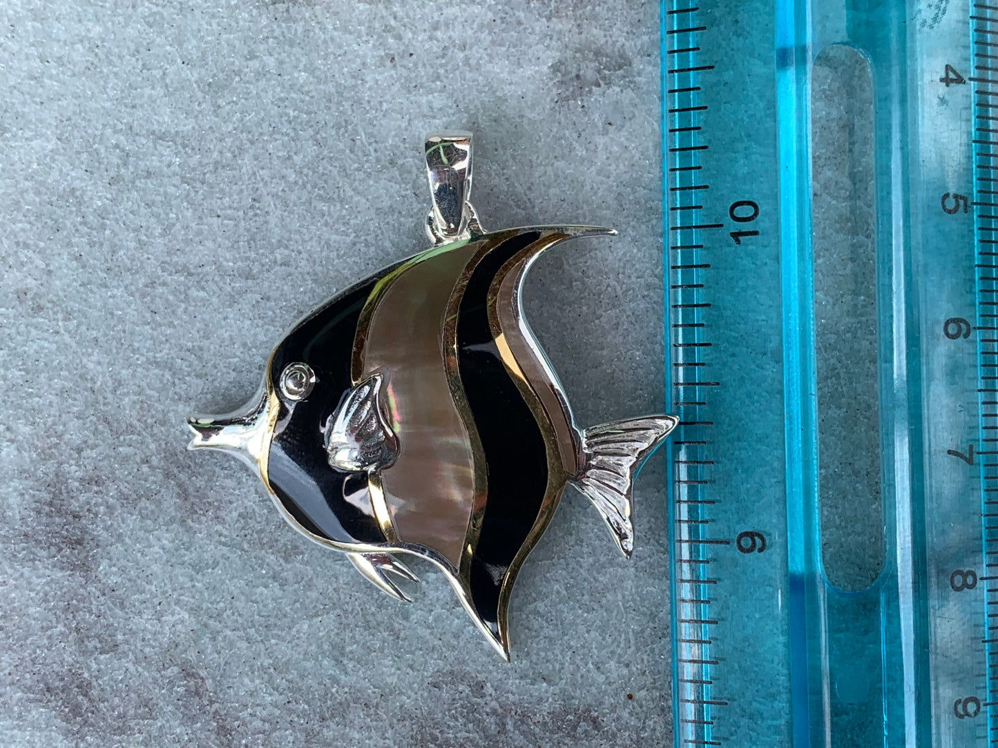 Fish Moorish Idol Hawaiian Tropical Pendant Necklace. Sterling Silver, Mother of Pearl.