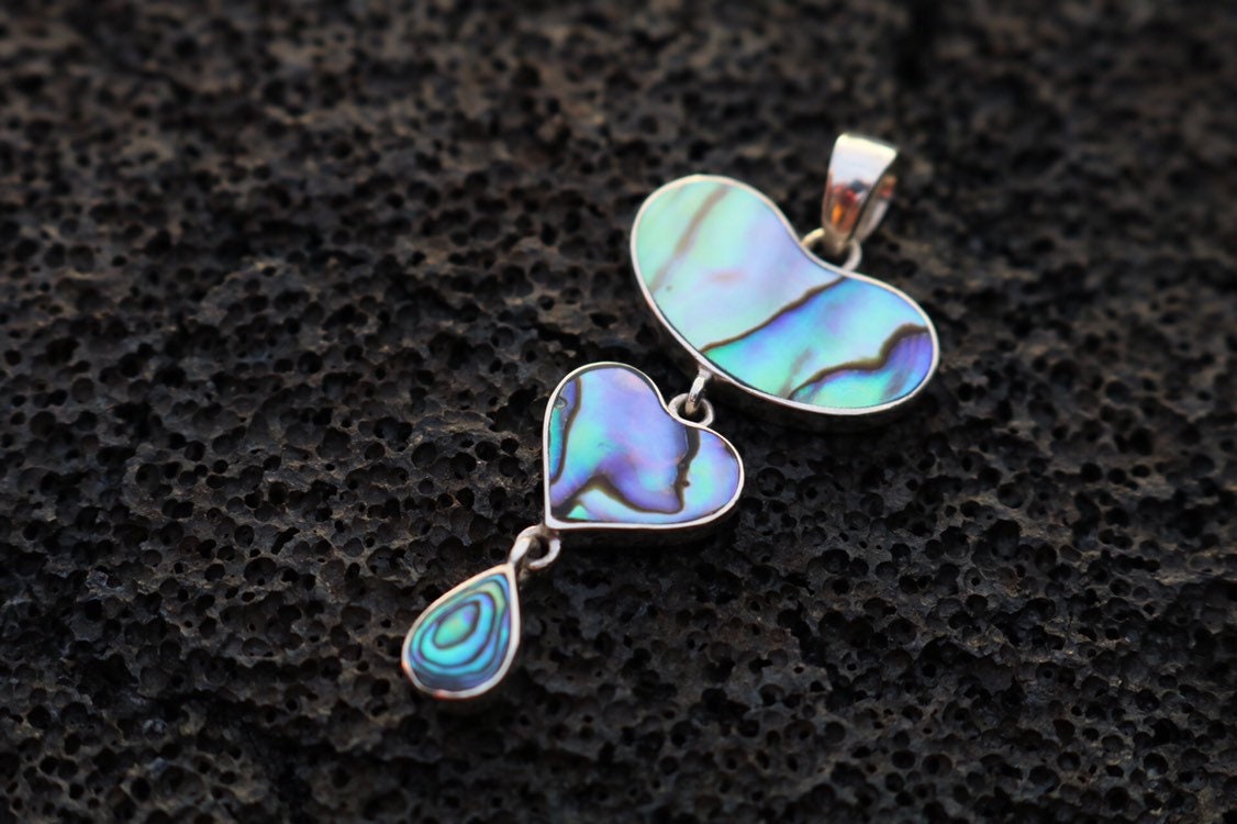 Teardrop Heart Necklace Pendant. Sterling Silver, Abalone Shell.
