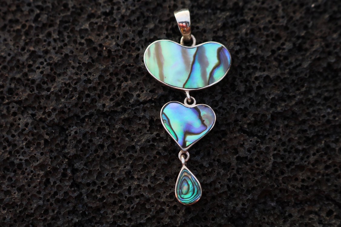 Teardrop Heart Necklace Pendant. Sterling Silver, Abalone Shell.