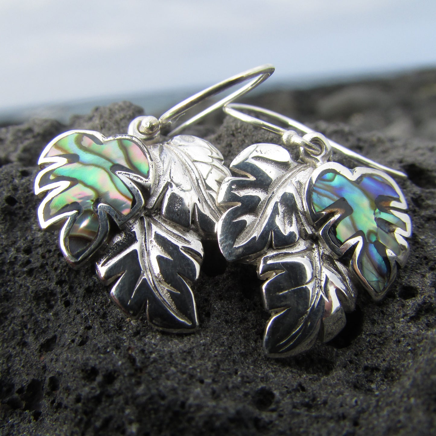 Monstera Leaf Earrings | Paua Shell | Sterling Silver | Ocean | Beach | Gift | Jewelry | Handmade | Unique