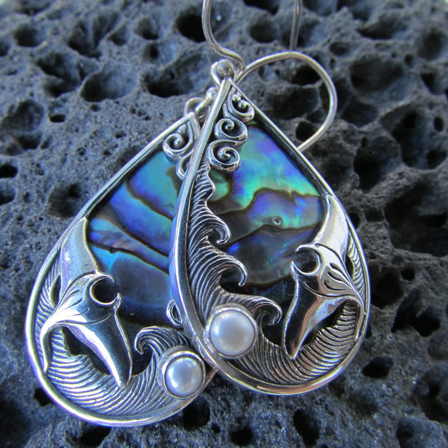 Manta Ray Wave Earrings | Abalone Paua Shell | Pearl | Sterling Silver | Ocean | Beach | Gift | Jewelry | Handmade | Unique