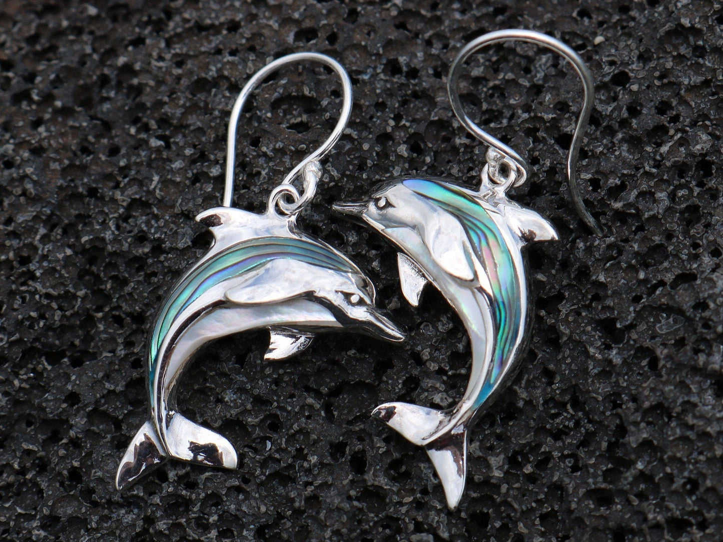 Aumakua Dolphin Earrings. Abalone Paua Shell, Mother of Pearl, Sterling Silver.