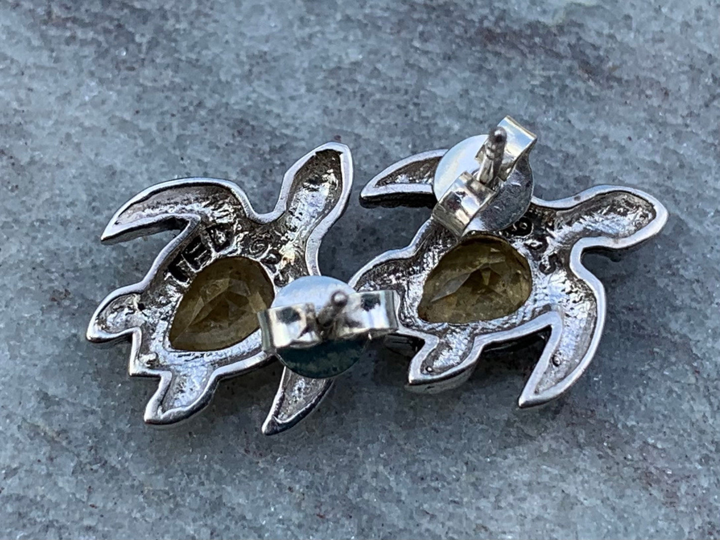 Turtle Charm Citrine Stud Earrings Sterling Silver