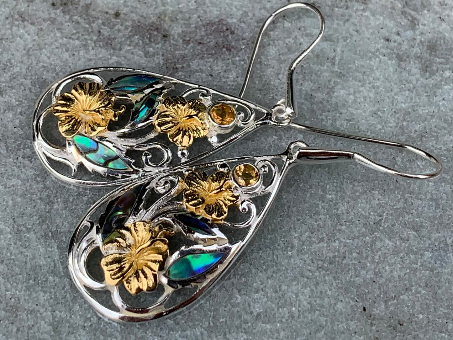 Hibiscus Flower Citrine Silver Gold Abalone Shell Earrings