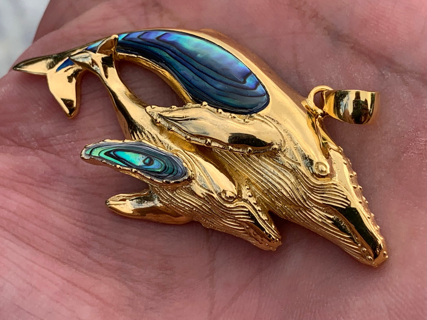 Mother and Baby Humpback Whale Necklace Pendant. 18k Gold Vermeil, Abalone Paua Shell.