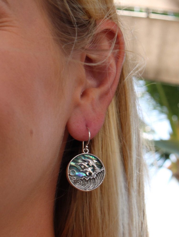 Dolphin Wave Earrings | Blue Topaz | Paua Abalone Shell | Sterling Silver | Ocean | Beach | Gift | Jewelry | Handmade | Unique