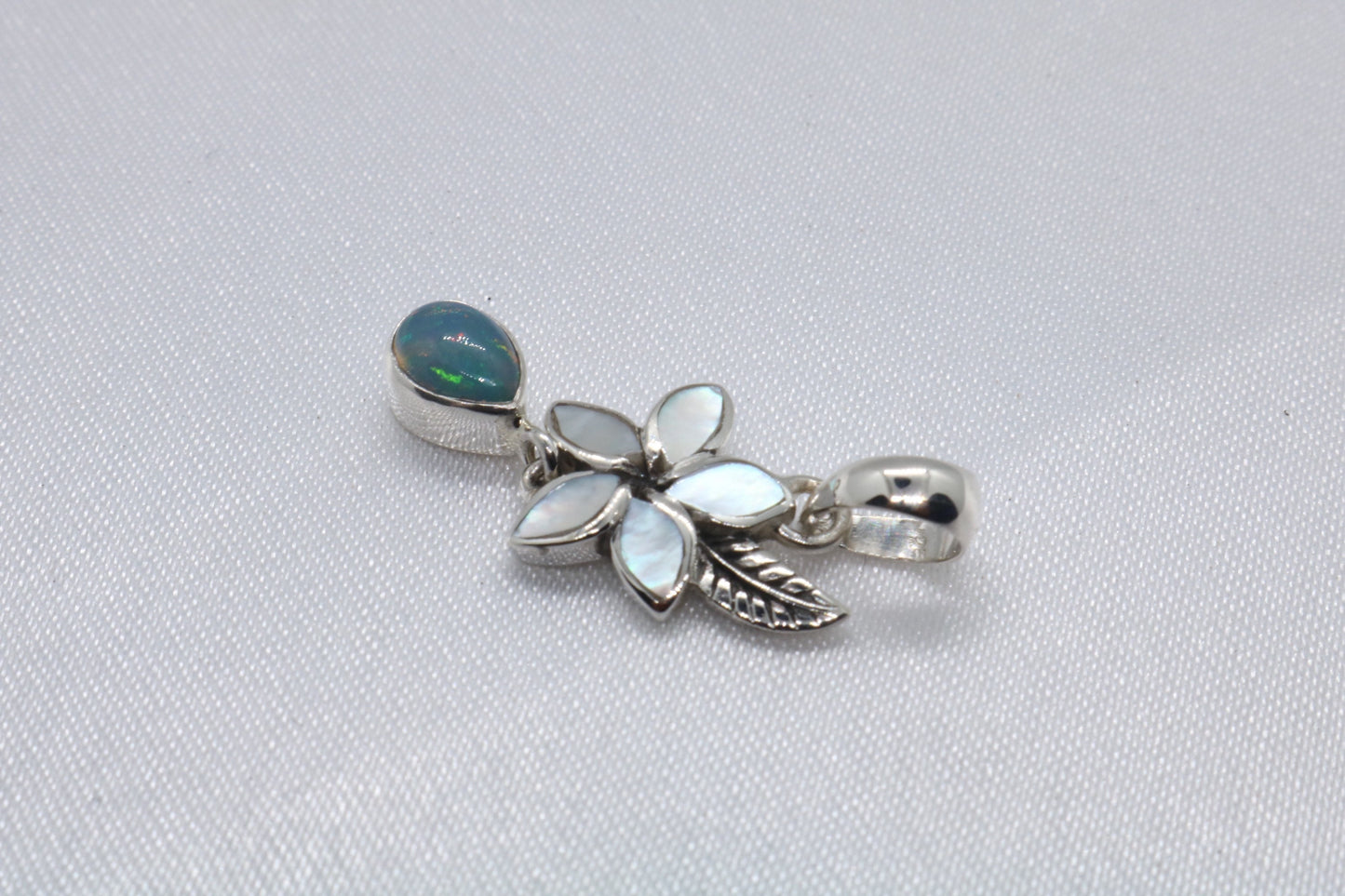 Opal Plumeria Flower Silver Mother of Pearl Necklace Pendant