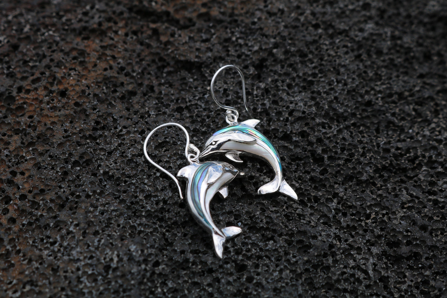 Aumakua Dolphin Earrings. Abalone Paua Shell, Mother of Pearl, Sterling Silver.