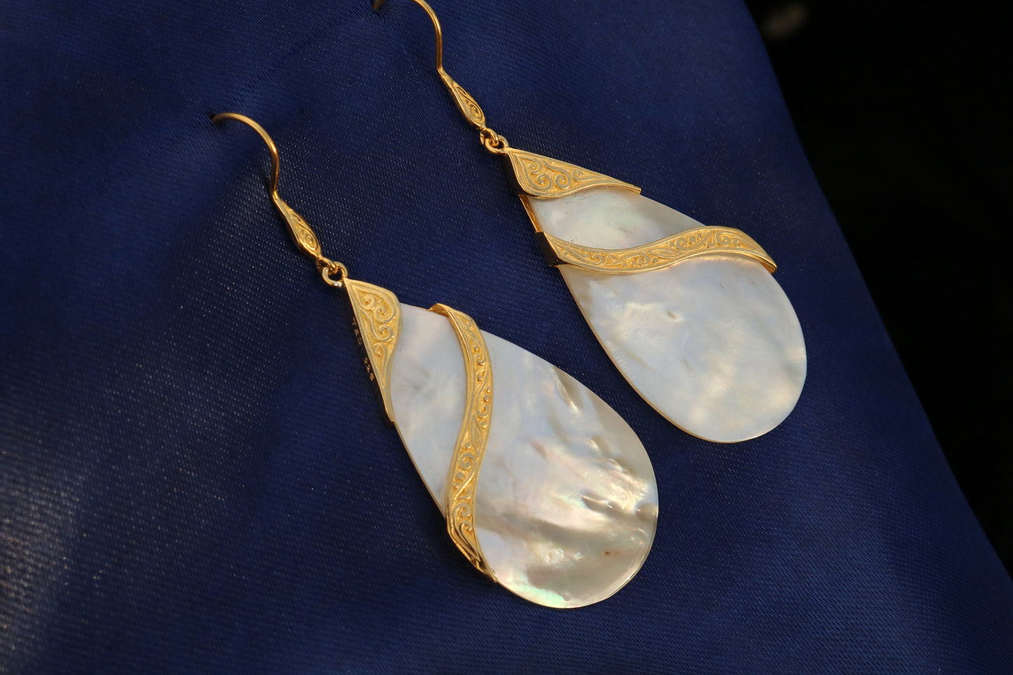 18K Gold Vermeil Mother of Pearl Teardrop Earrings Double Tribal Design. Sterling Silver.