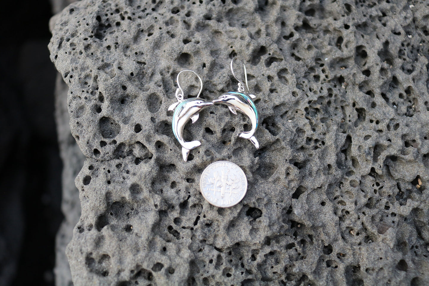 Aumakua Dolphin Earrings. Abalone Paua Shell, Mother of Pearl, Sterling Silver.