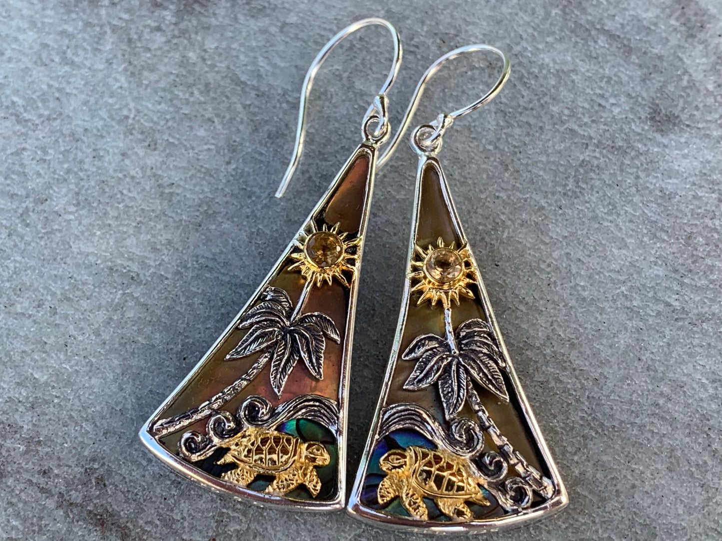 Turtle Sun Wave Palm Tree Citrine Abalone Shell Gold Silver Earrings