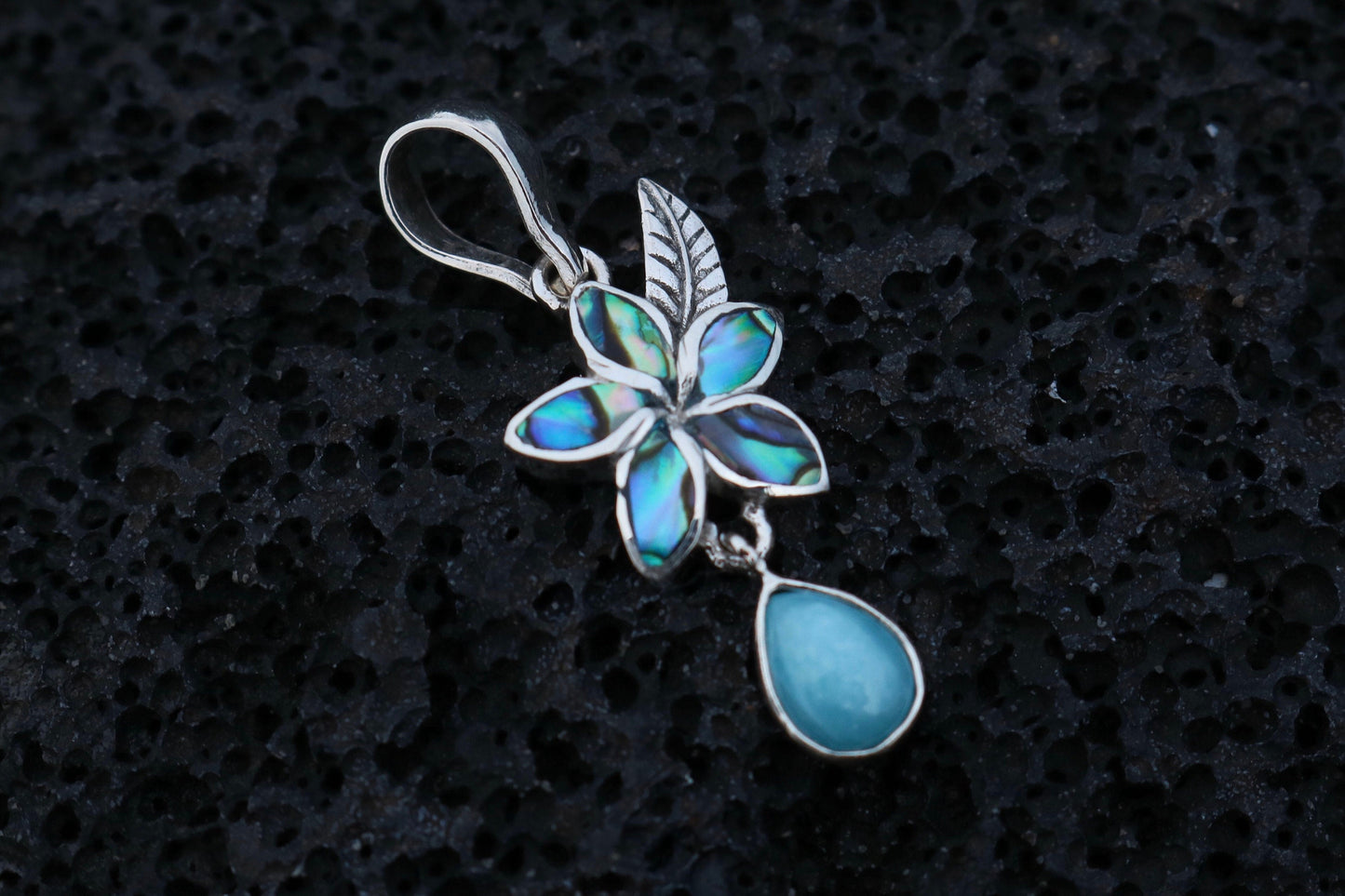 Plumeria Flower Larimar Teardrop Charm Pendant Necklace. Sterling Silver, Abalone Shell.
