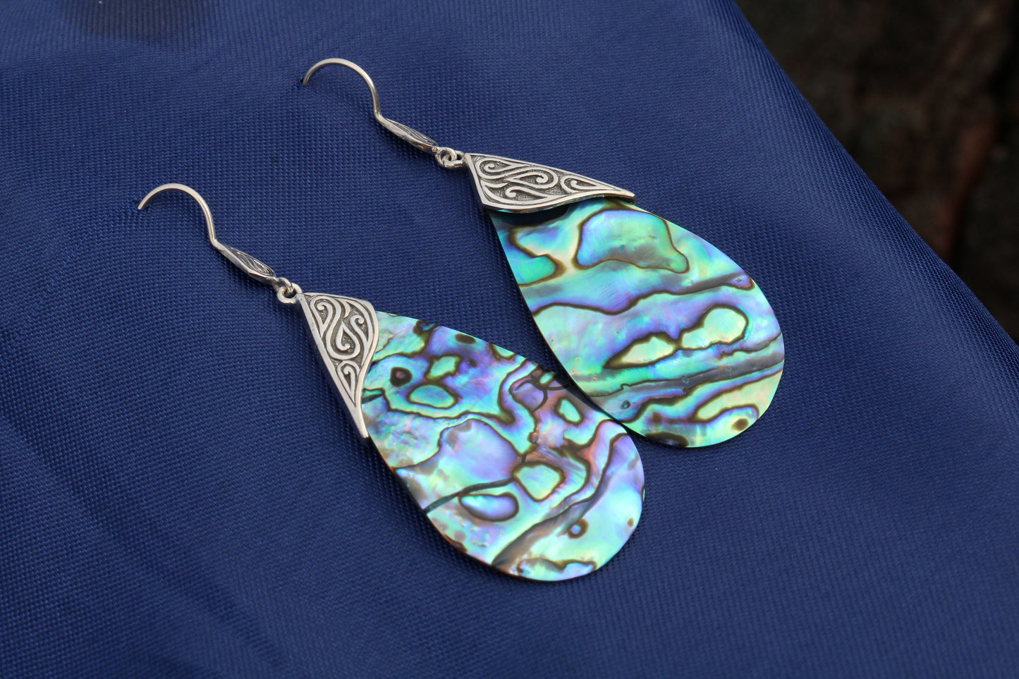 Abalone Shell Teardrop Earrings Tribal Design. Sterling Silver.