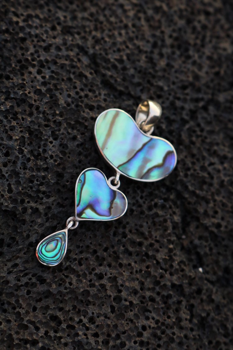 Teardrop Heart Necklace Pendant. Sterling Silver, Abalone Shell.