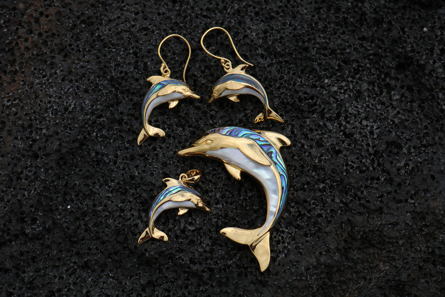 18K Gold Vermeil Aumakua Dolphin Necklace Pendant. Abalone Paua Shell, Mother of Pearl, Sterling Silver, 18K Gold.