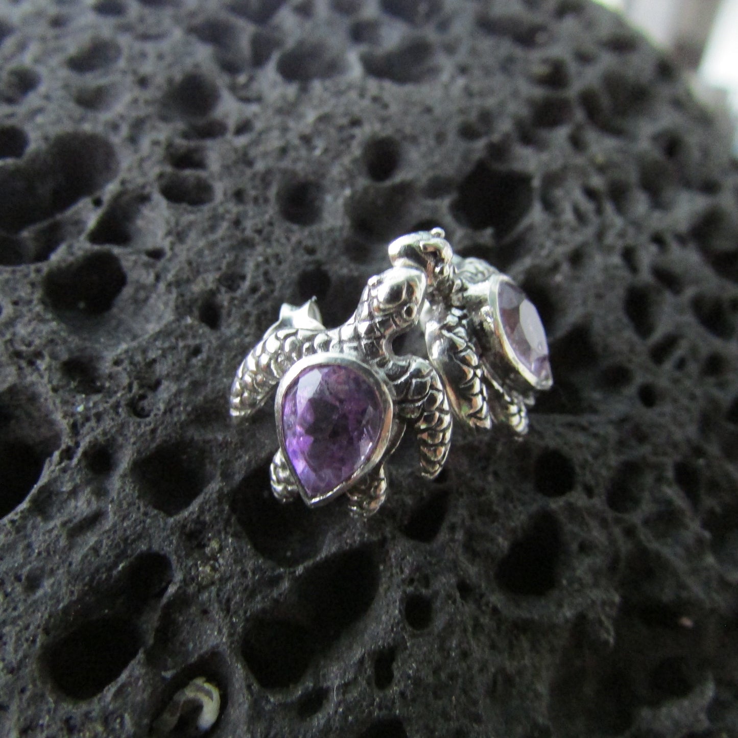 Sea Turtle Stud Earrings | Amethyst | Sterling Silver | Ocean | Beach | Gift | Jewelry | Handmade | Unique