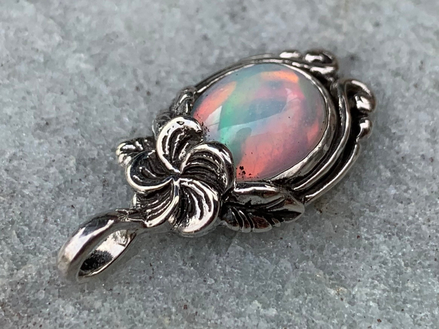 Opal Plumeria Flower Necklace Pendant. Sterling Silver.