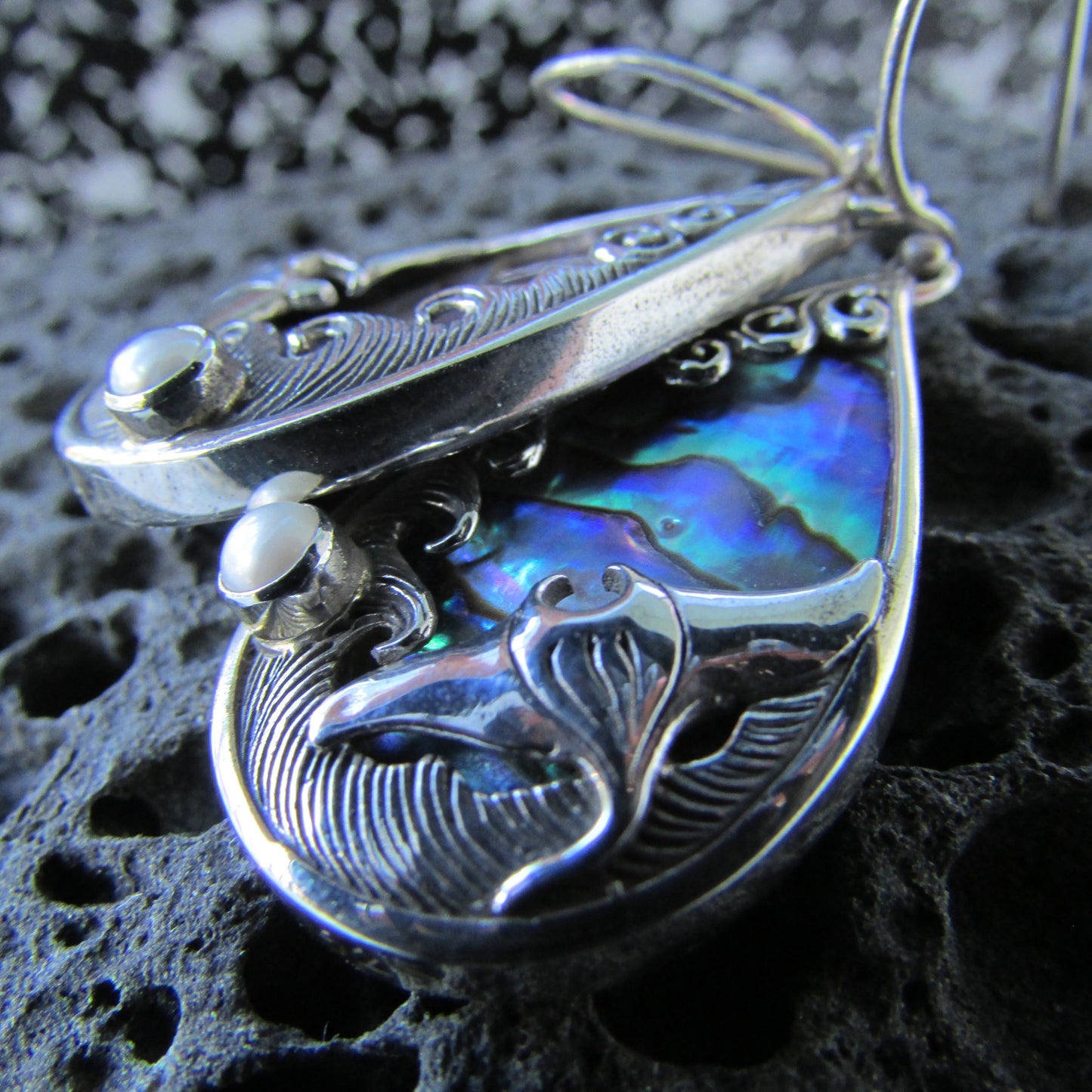 Manta Ray Wave Earrings | Abalone Paua Shell | Pearl | Sterling Silver | Ocean | Beach | Gift | Jewelry | Handmade | Unique