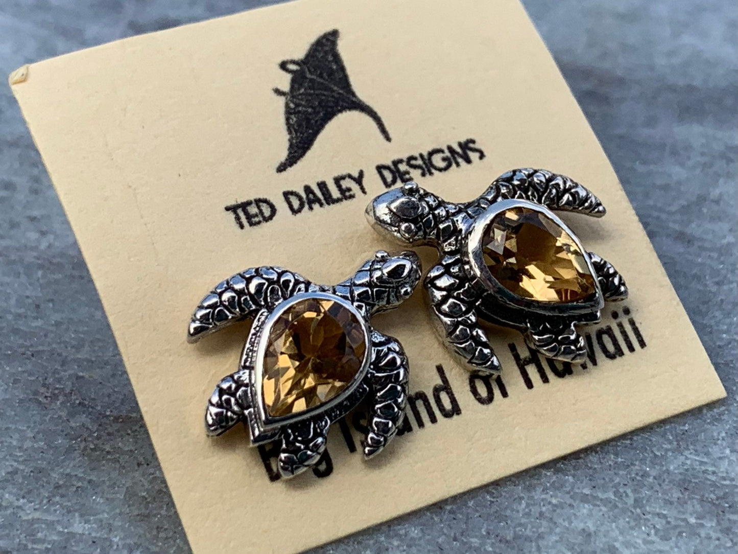 Turtle Charm Citrine Stud Earrings Sterling Silver